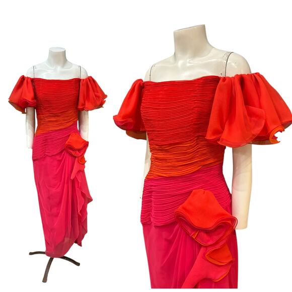 Vintage Lillie Rubin Off Shoulder Evening Gown Red Pink Ruched Chiffon / Size 8 - Picture 1 of 5